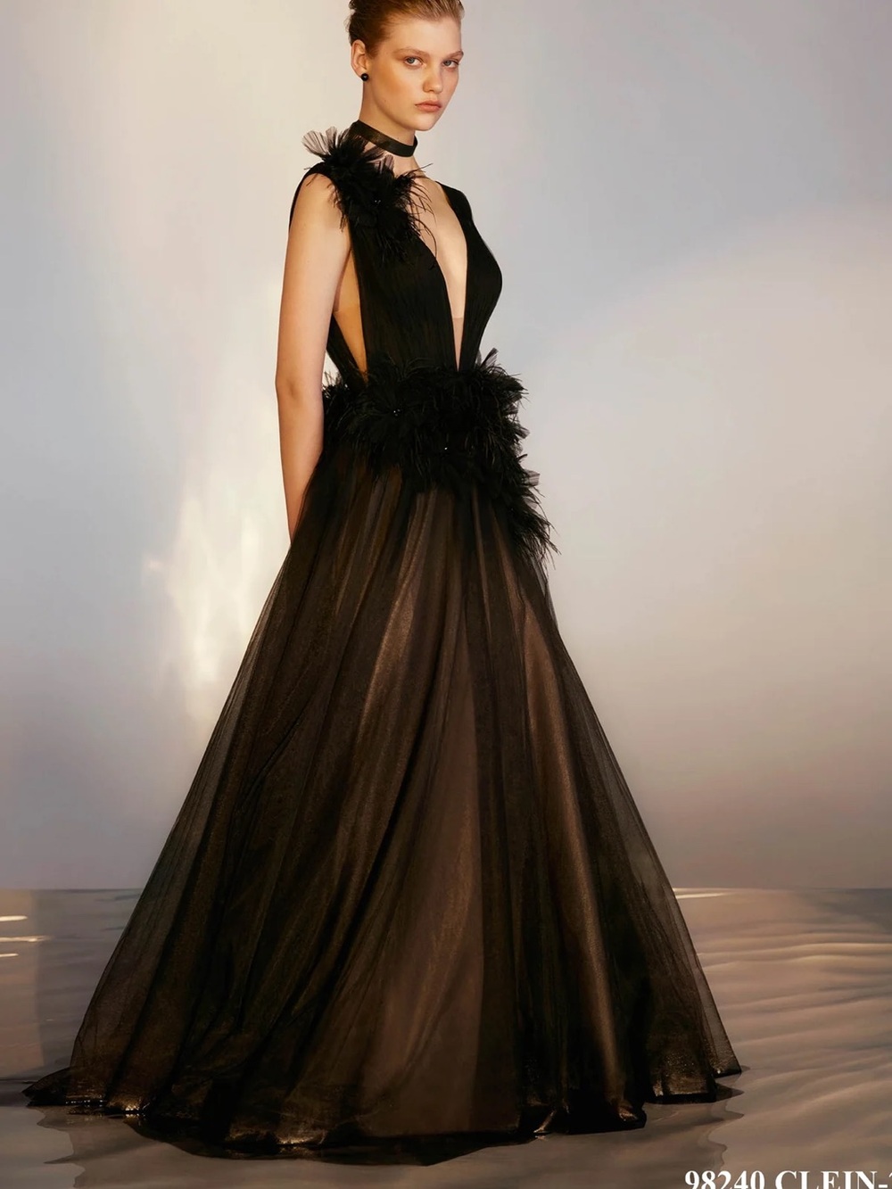 Tarik Ediz Black Feather-Embellished Plunge Gown